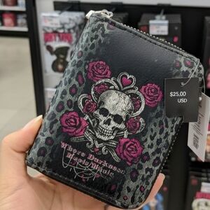 Hot Topic Pink Leopard Print Skull and Roses Wallet "